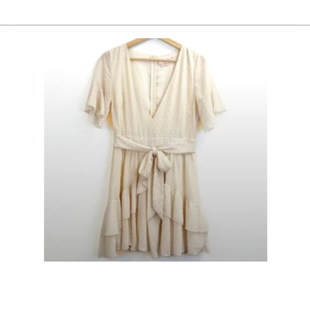 V-Neck RUFFLED Beige Swiss Dot Mini Dress - Showpo - Size 6 - Picture 5 of 7